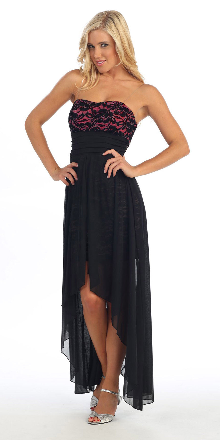 Black/Fuchsia High Low Semi Formal Dress Chiffon/Lace Strapless Neck
