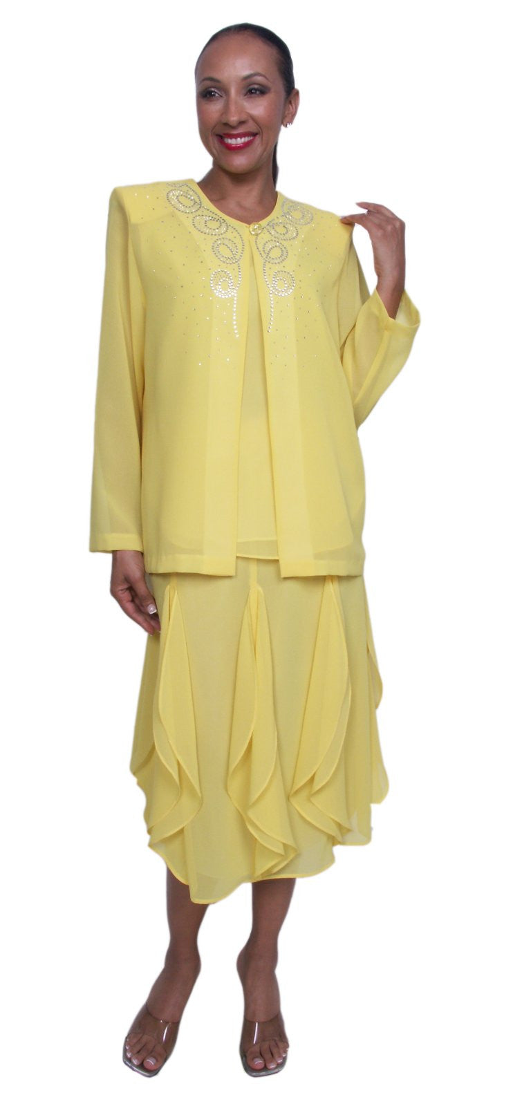 Yellow Plus Size 3 Piece Dress Tea Length Layer Skirt With Jacket