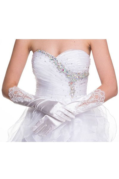 Mid Length Satin White Gloves With Lace Embroidery