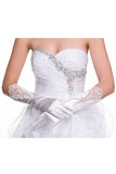 Mid Length Satin White Gloves With Lace Embroidery