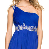 One Strap Royal Blue Prom Gown Chiffon Ruched Top Beaded Waist Zoom