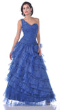 Rhinestone One Shoulder Strap Ruched Layered Blue Formal Dress
