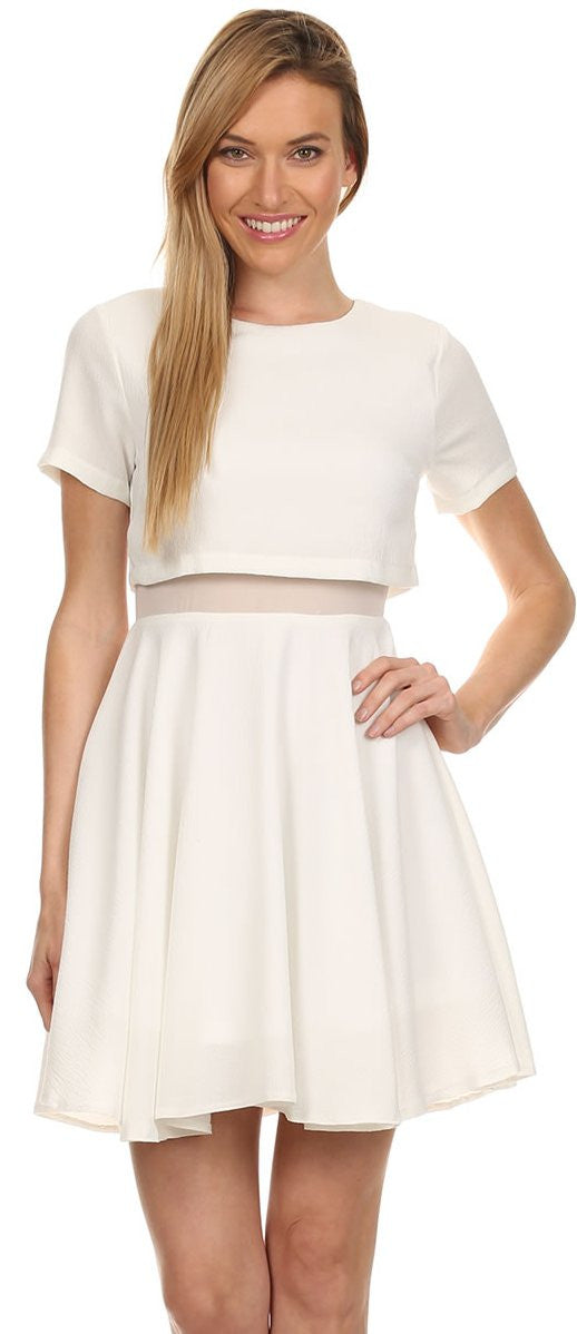 Short Sleeve Mini A Line White Dress Round Neck Mesh Inset