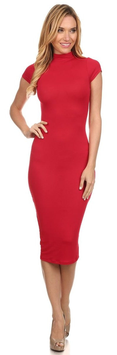 Body Con Knee Length Red Midi Dress Turtle Neck Short Sleeves