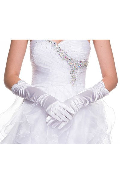 White Mid Length Satin Gloves With Rhinestone Detail